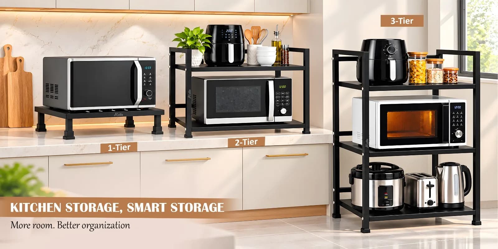 Kitchen storage, smart storage — more room, better organization. 1-tier, 2-tier and 3-tier oven stands