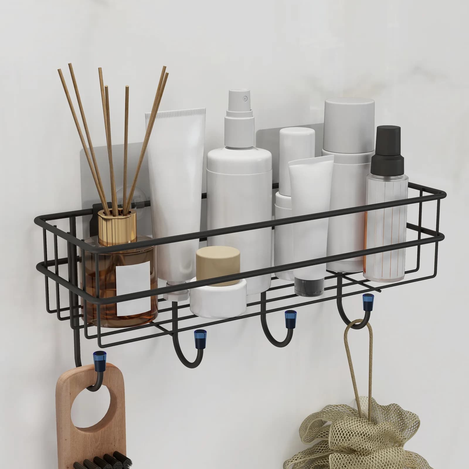 Self-Adhesive Wire Shelf with Hooks – Black
