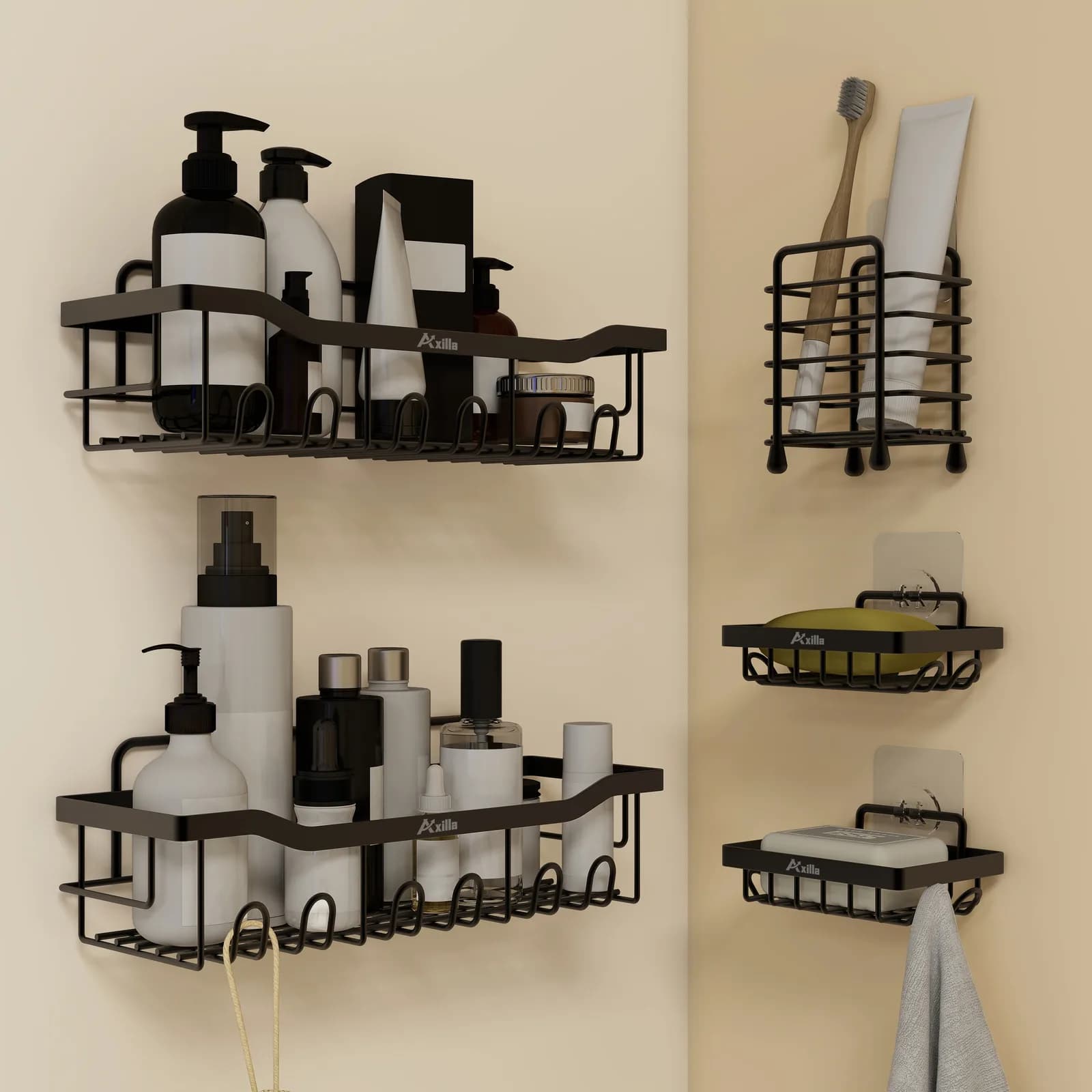 5-in-1 Self-Adhesive Bathroom Shelf Combo – Black